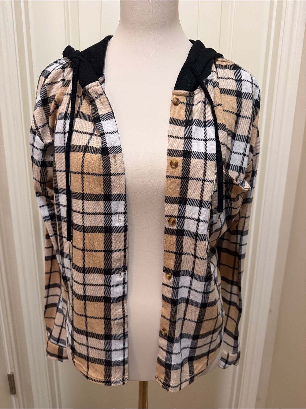 No Boundaries Tan, Black & White Plaid Hooded Button-Up Jacket